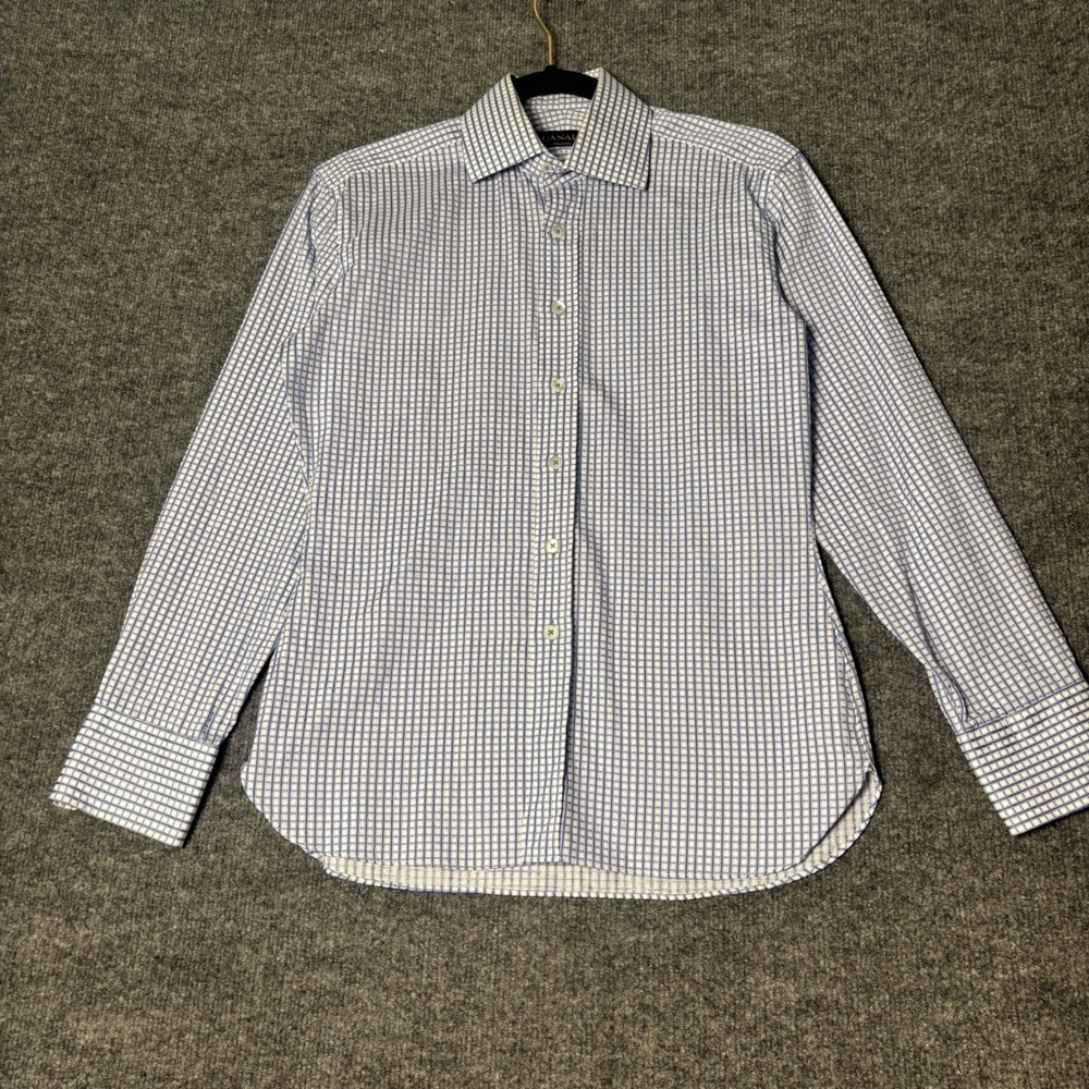 Canali Dress Shirt Men's Small Blue and White Micro Check Made in‎ Italy